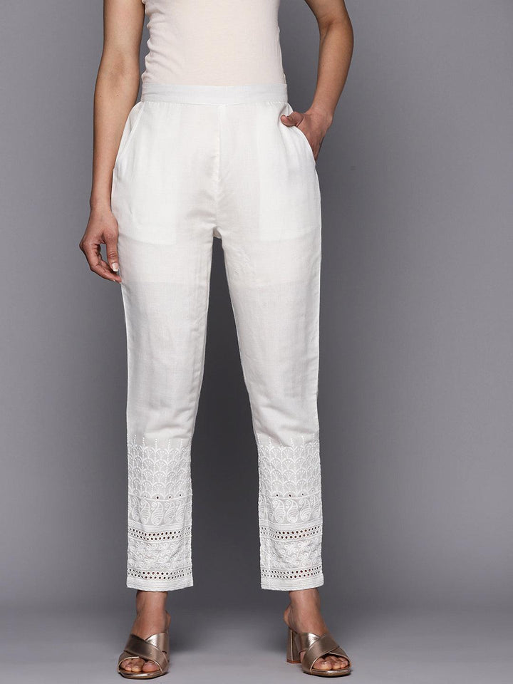 White Embroidered Cotton Trousers
