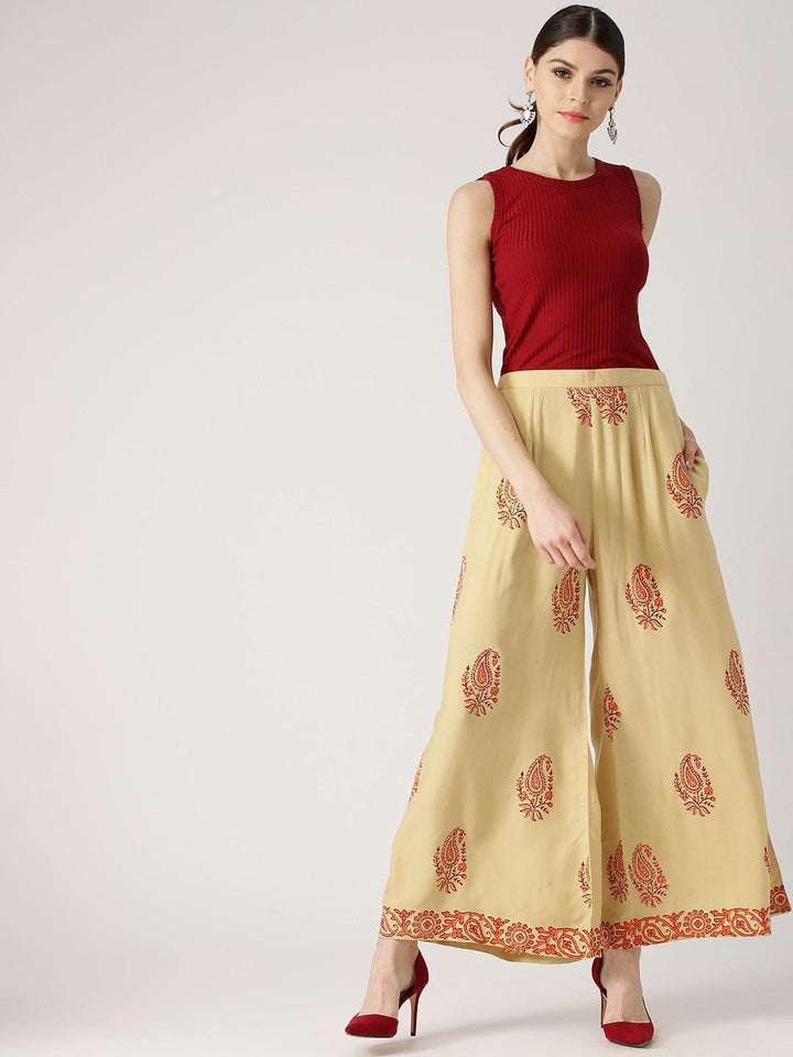 Beige Printed Rayon Palazzos