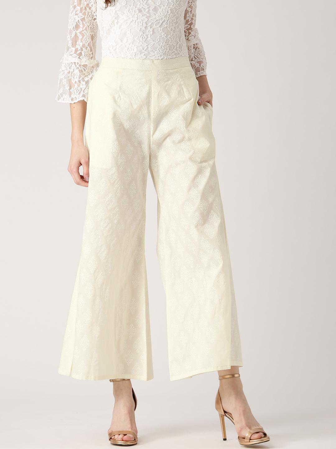 White Printed Cotton Palazzos - ShopLibas