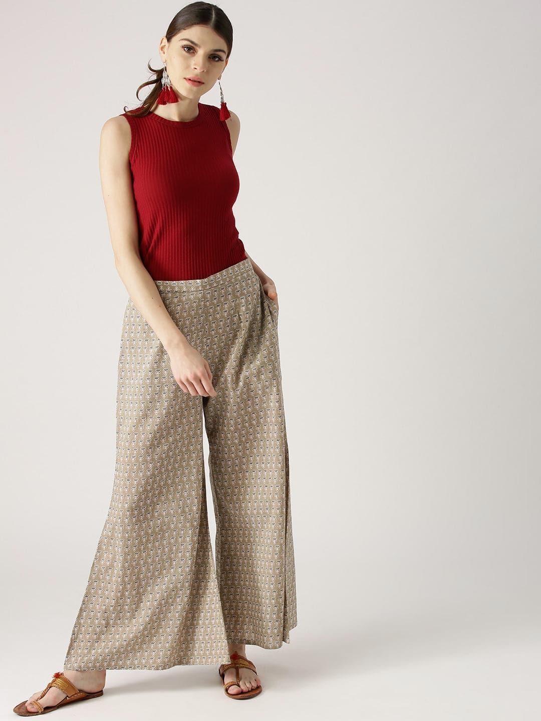 Beige Printed Cotton Palazzos - ShopLibas