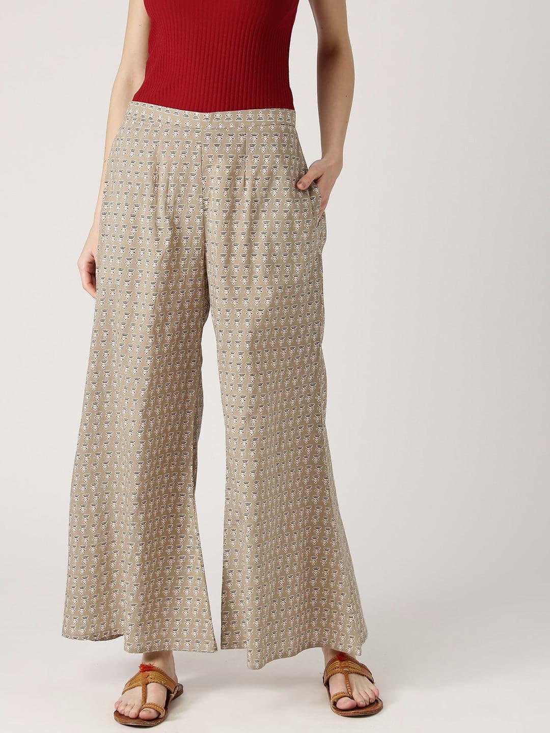 Beige Printed Cotton Palazzos - ShopLibas