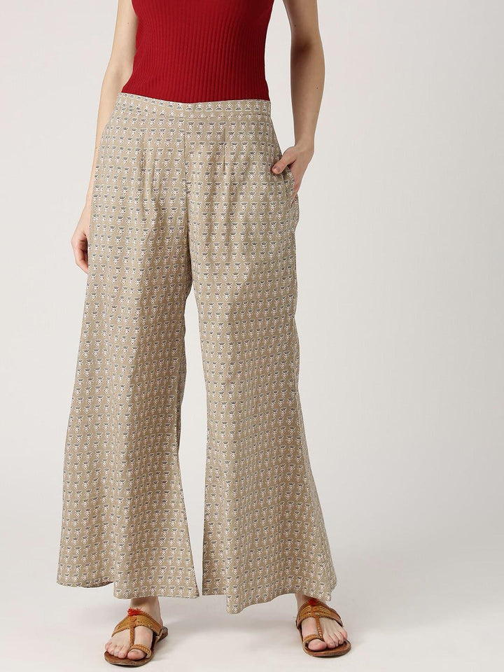 Beige Printed Cotton Palazzos