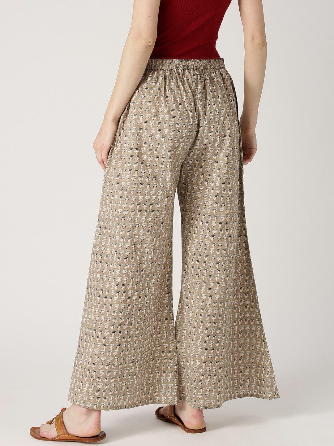 Beige Printed Cotton Palazzos - ShopLibas