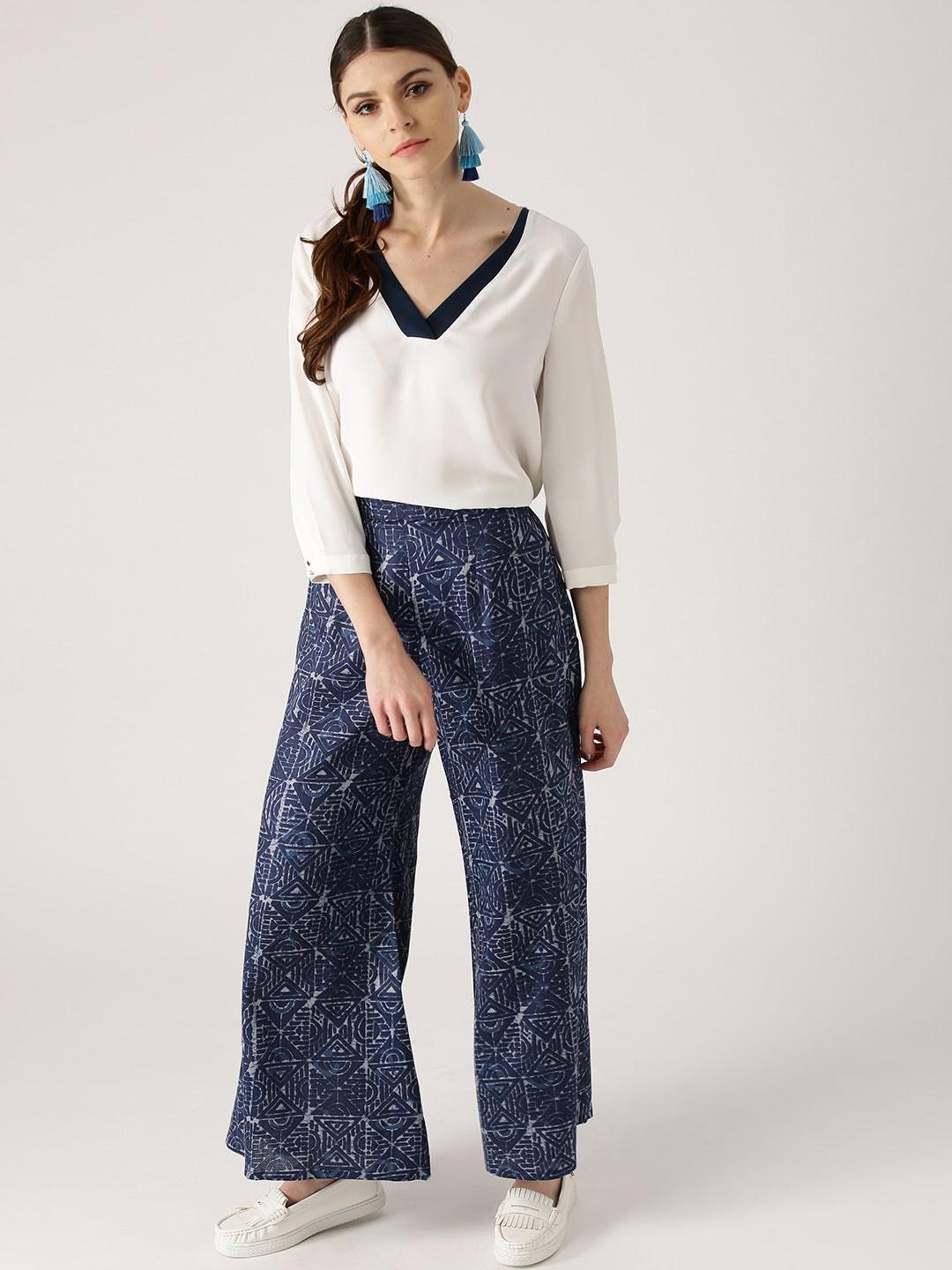 Blue Abstract Cotton Palazzos - ShopLibas