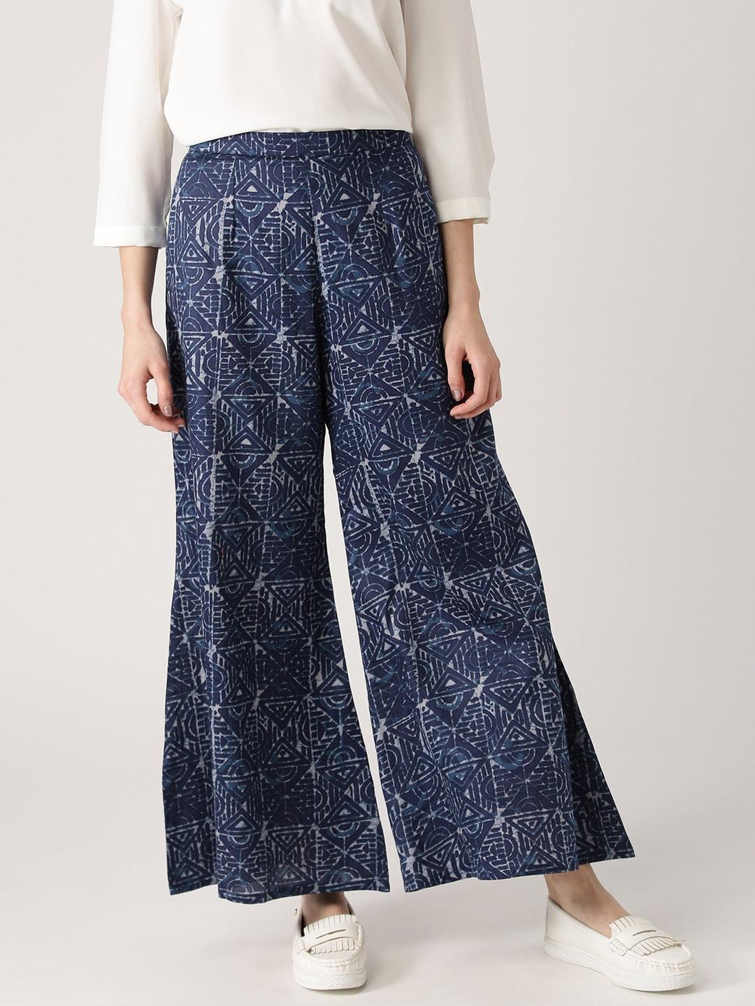 Blue Abstract Cotton Palazzos - ShopLibas