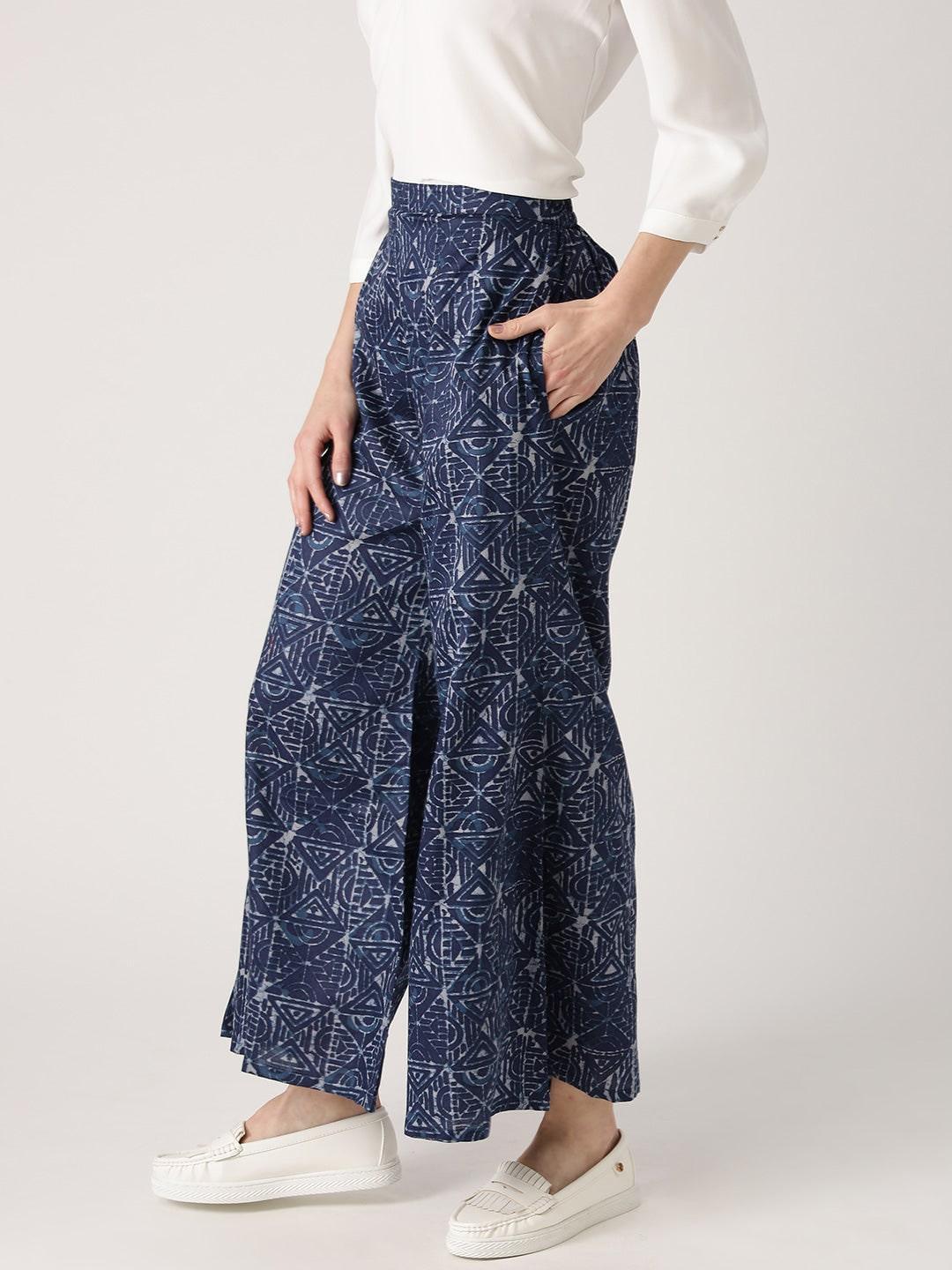 Blue Abstract Cotton Palazzos - ShopLibas