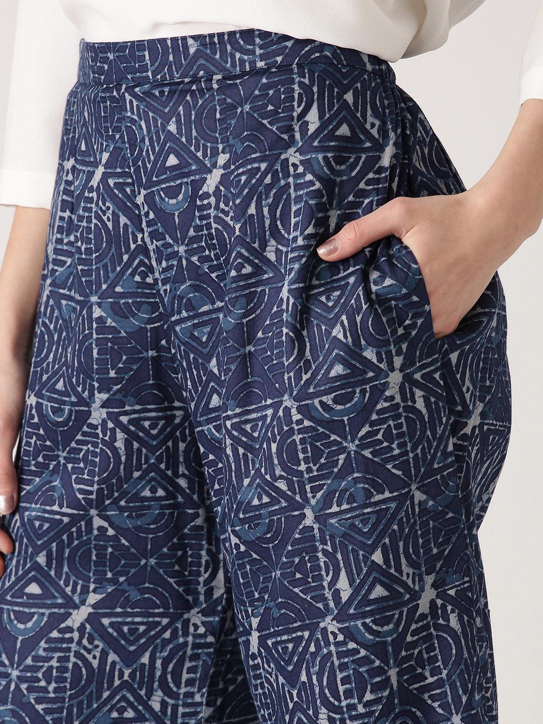 Blue Abstract Cotton Palazzos - ShopLibas