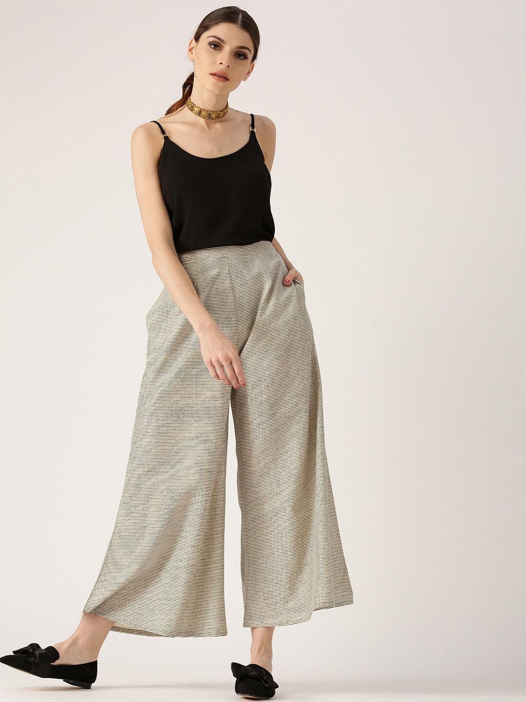 Beige Striped Cotton Palazzos - ShopLibas