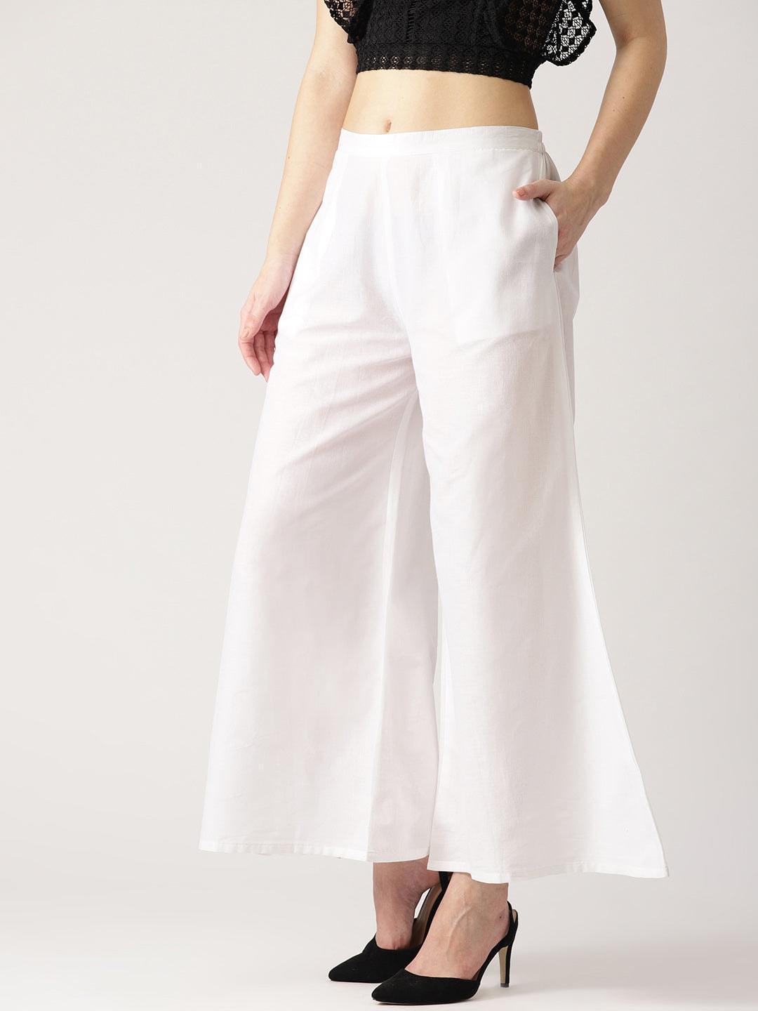 White Solid Cotton Palazzos - ShopLibas
