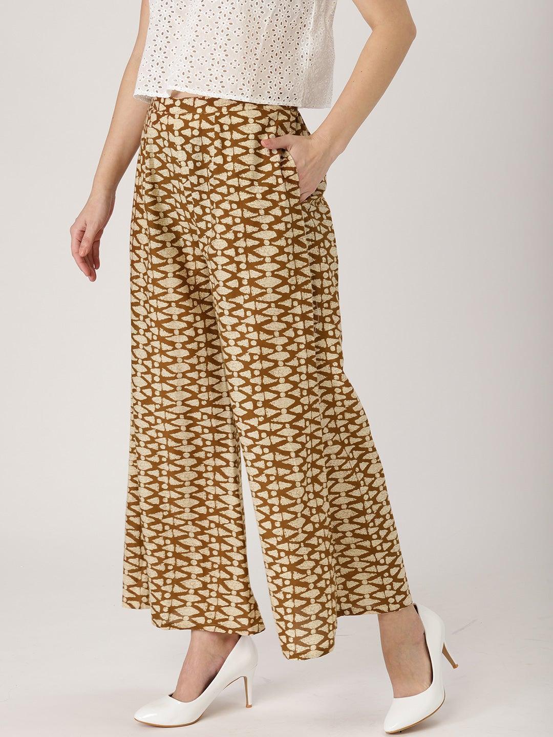 Brown Abstract Cotton Palazzos - ShopLibas