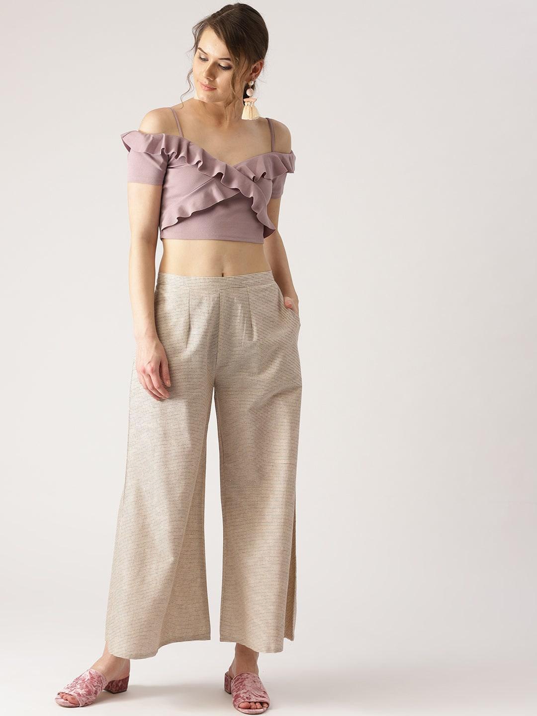 Beige Striped Cotton Palazzos - ShopLibas