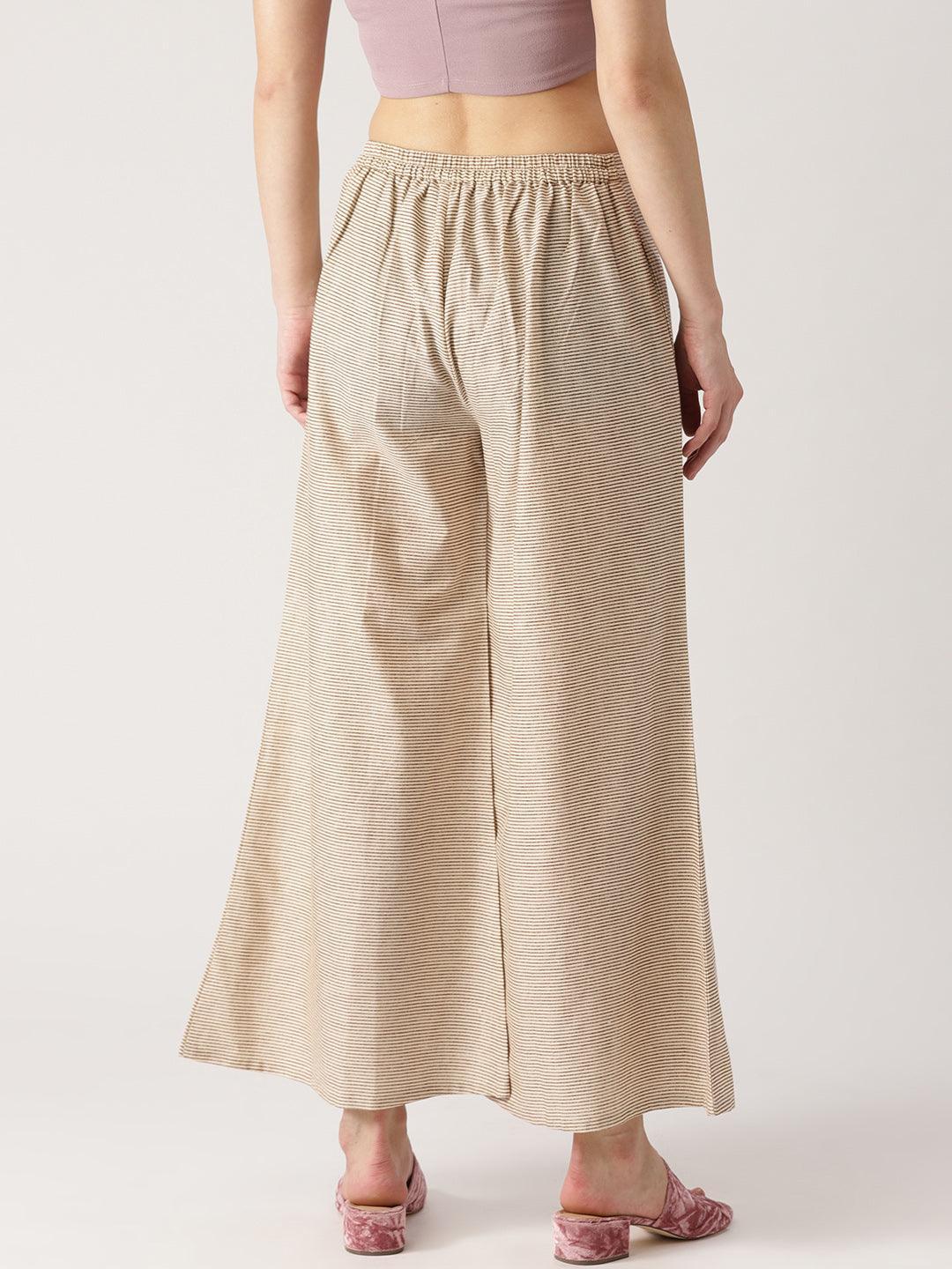 Beige Striped Cotton Palazzos - ShopLibas