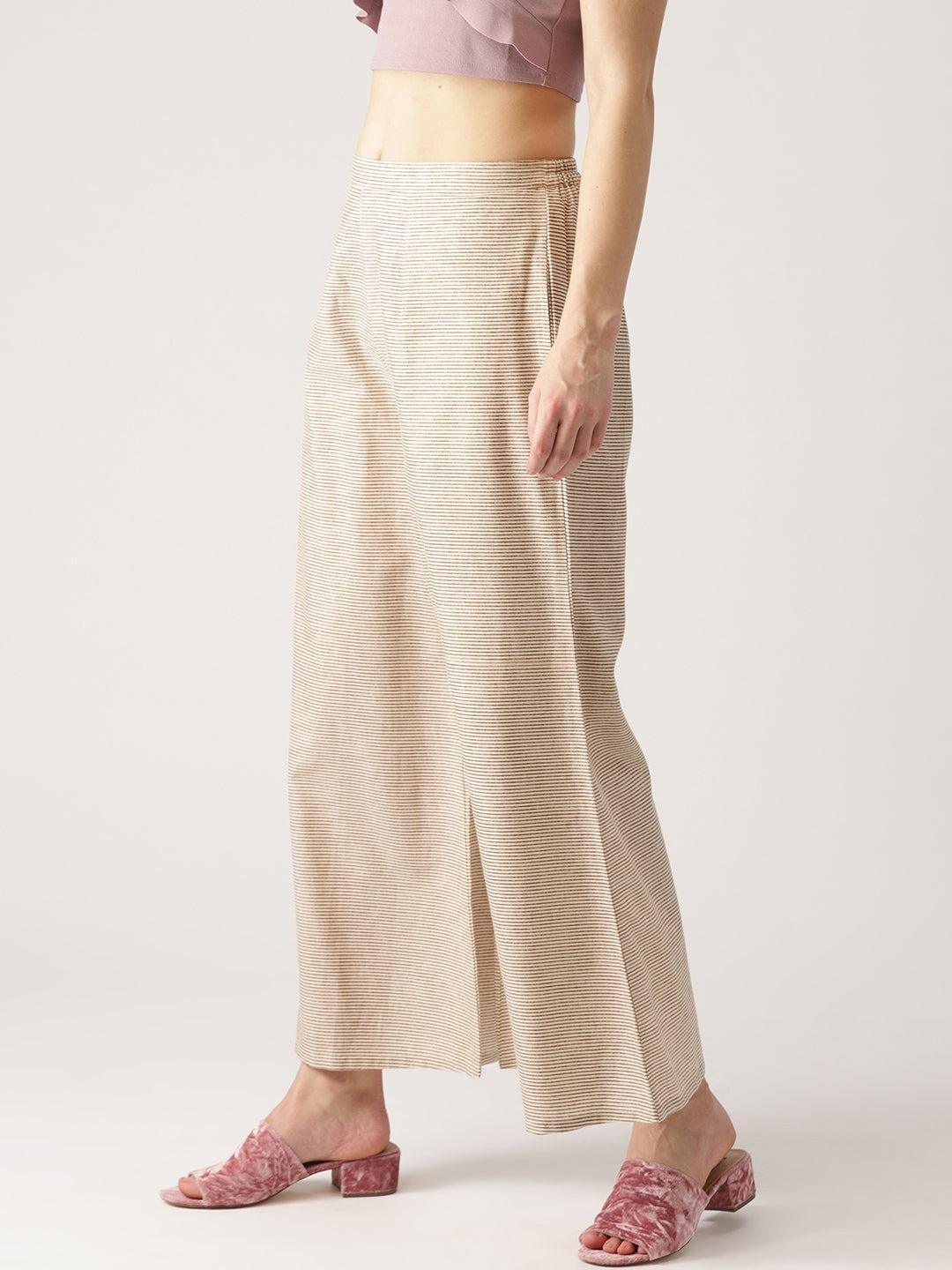 Beige Striped Cotton Palazzos - ShopLibas