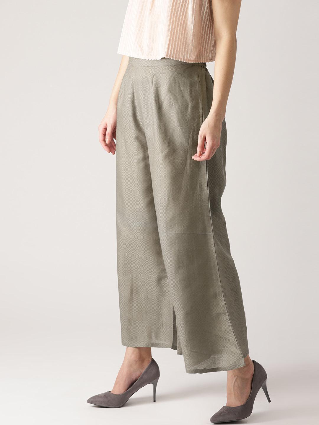 Grey Checkered Cotton Palazzos - ShopLibas