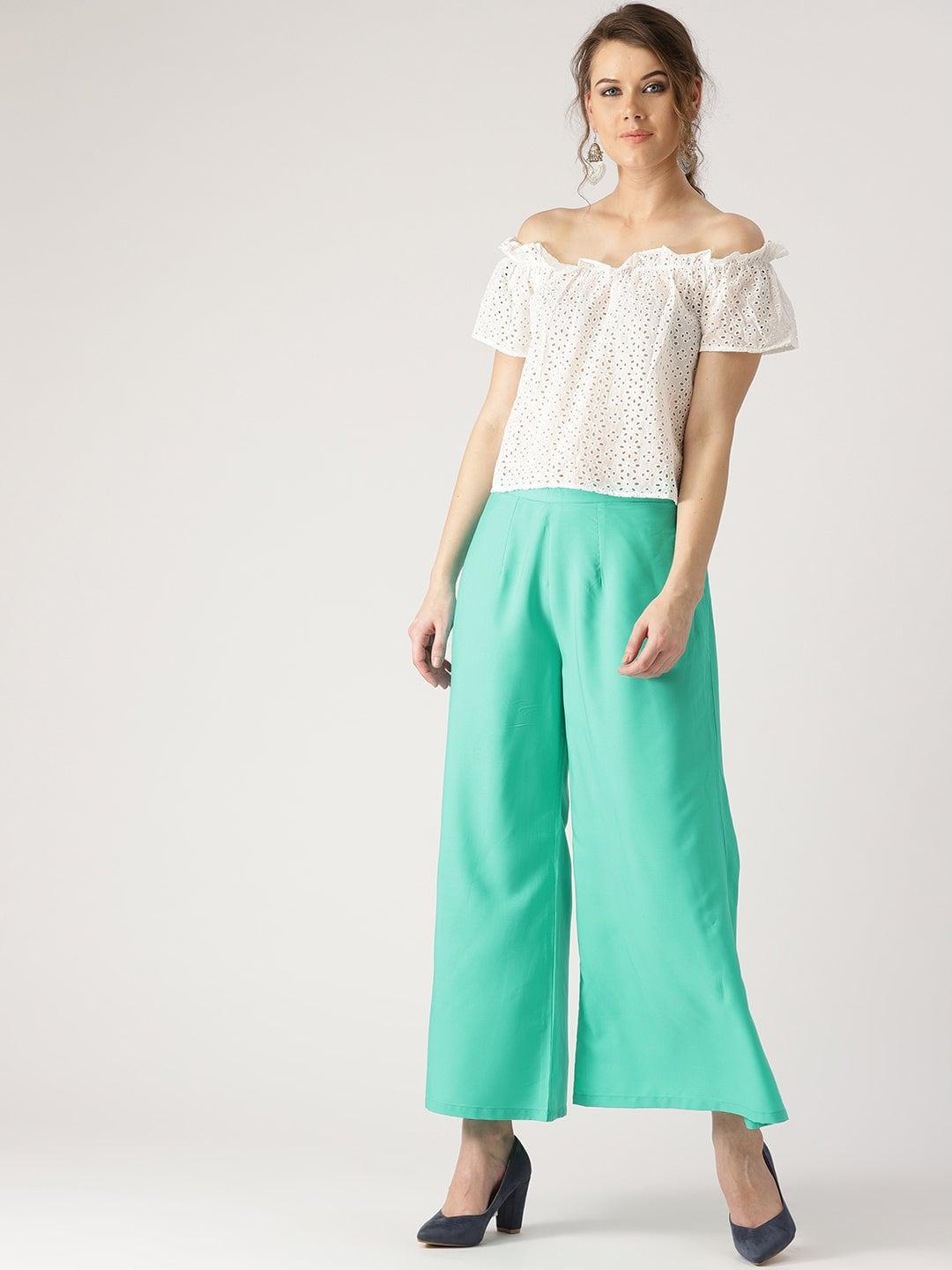 Green Solid Crepe Palazzos - ShopLibas