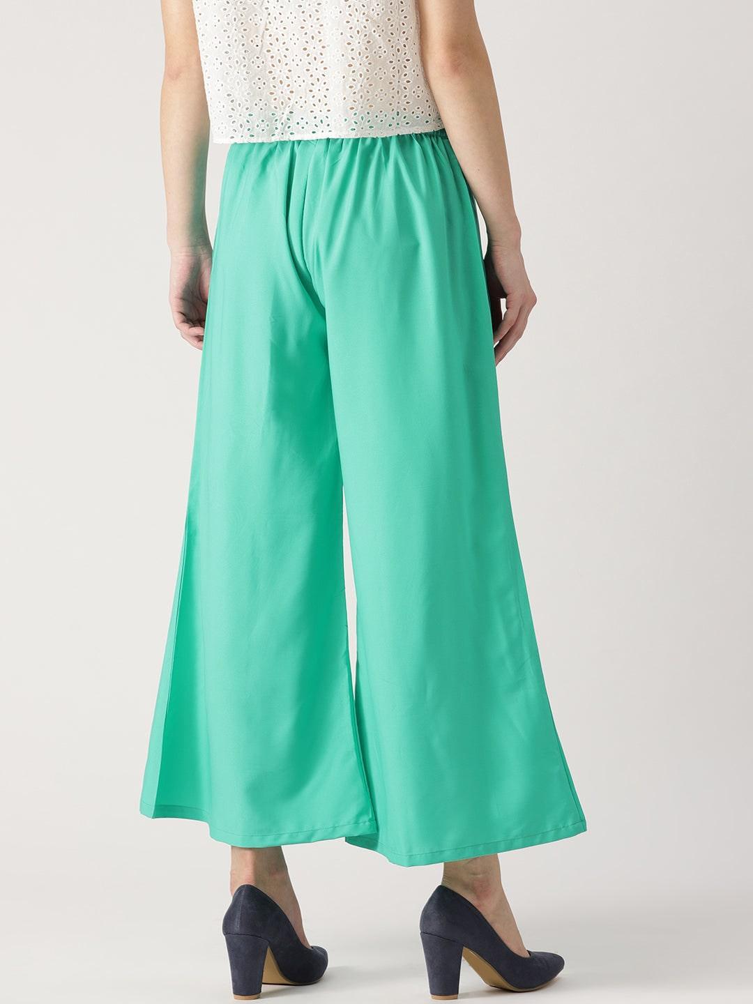Green Solid Crepe Palazzos - ShopLibas