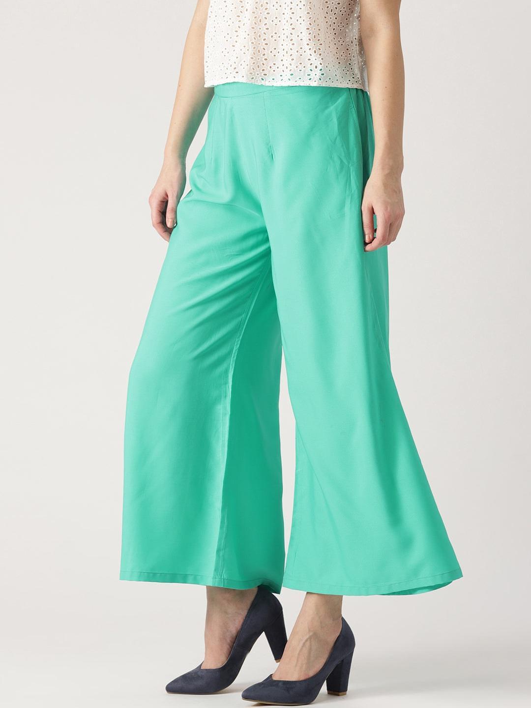 Green Solid Crepe Palazzos - ShopLibas