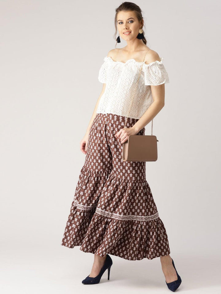 Brown Printed Cotton Sharara Pants
