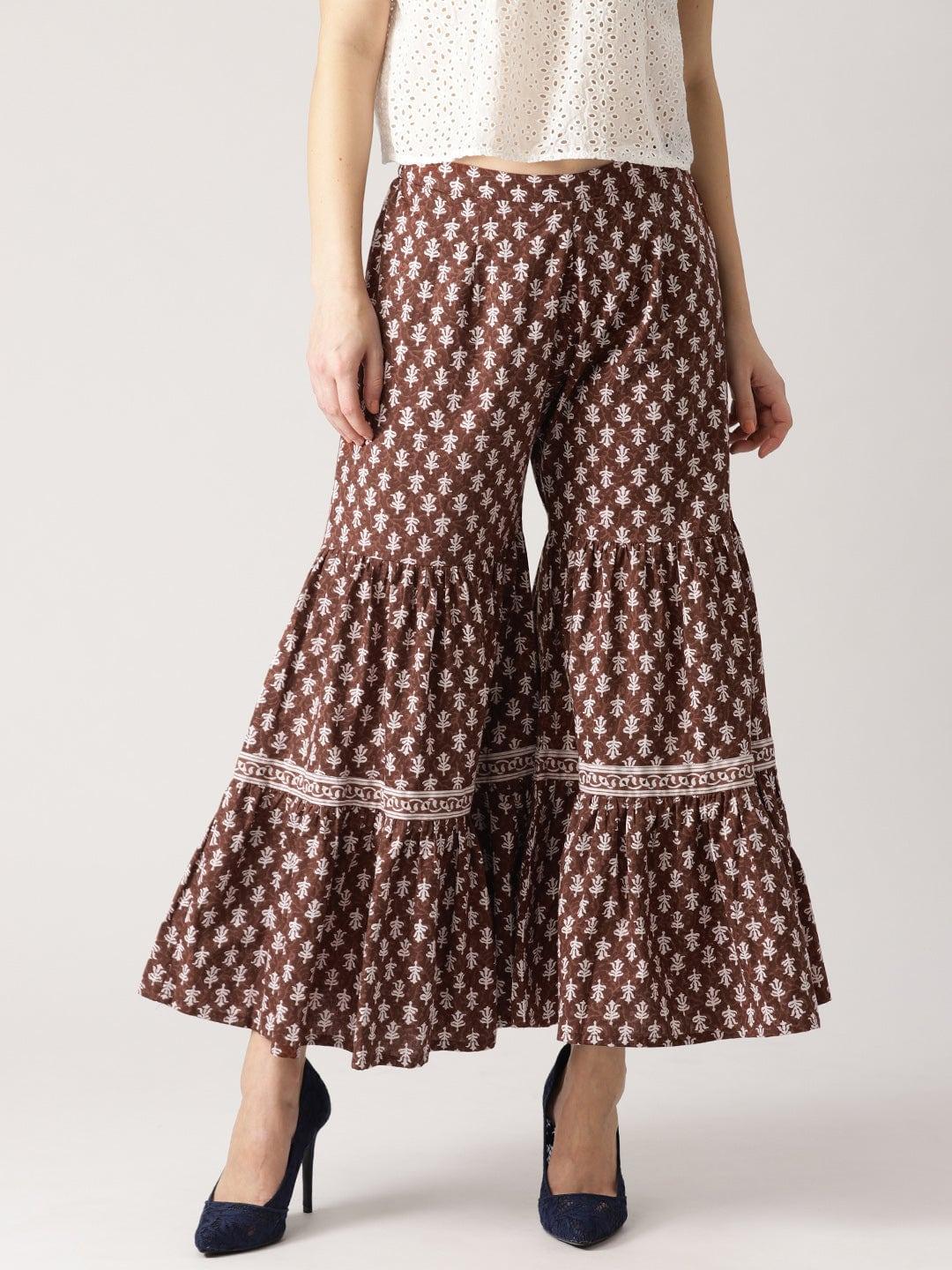 Brown Printed Cotton Sharara Pants - ShopLibas