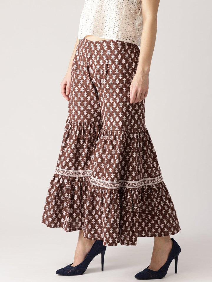 Brown Printed Cotton Sharara Pants