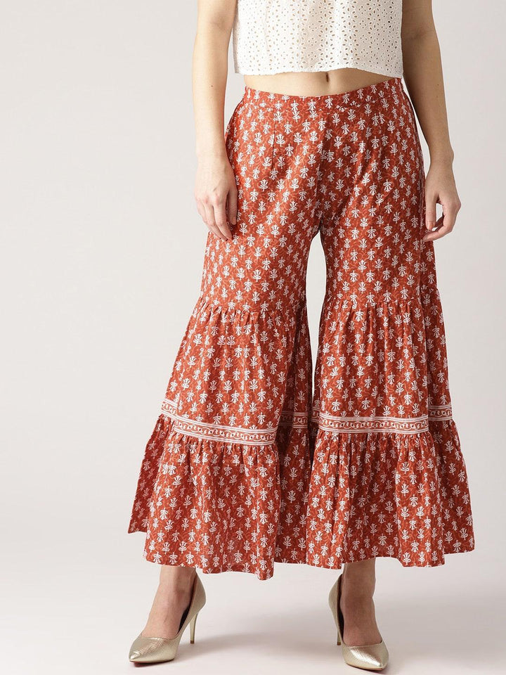 Brown Printed Cotton Sharara Pants