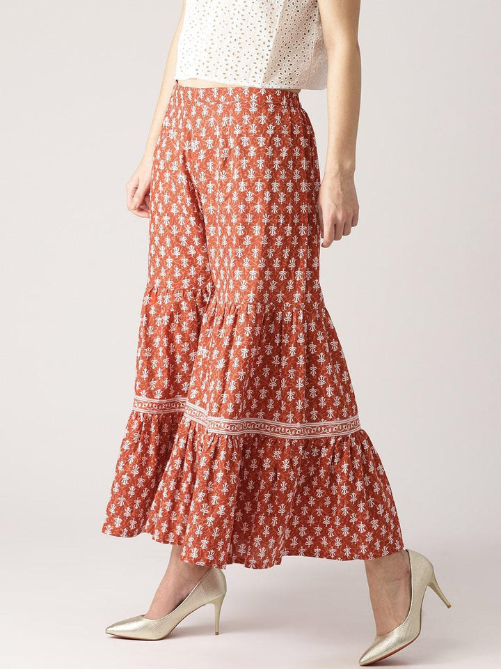 Brown Printed Cotton Sharara Pants