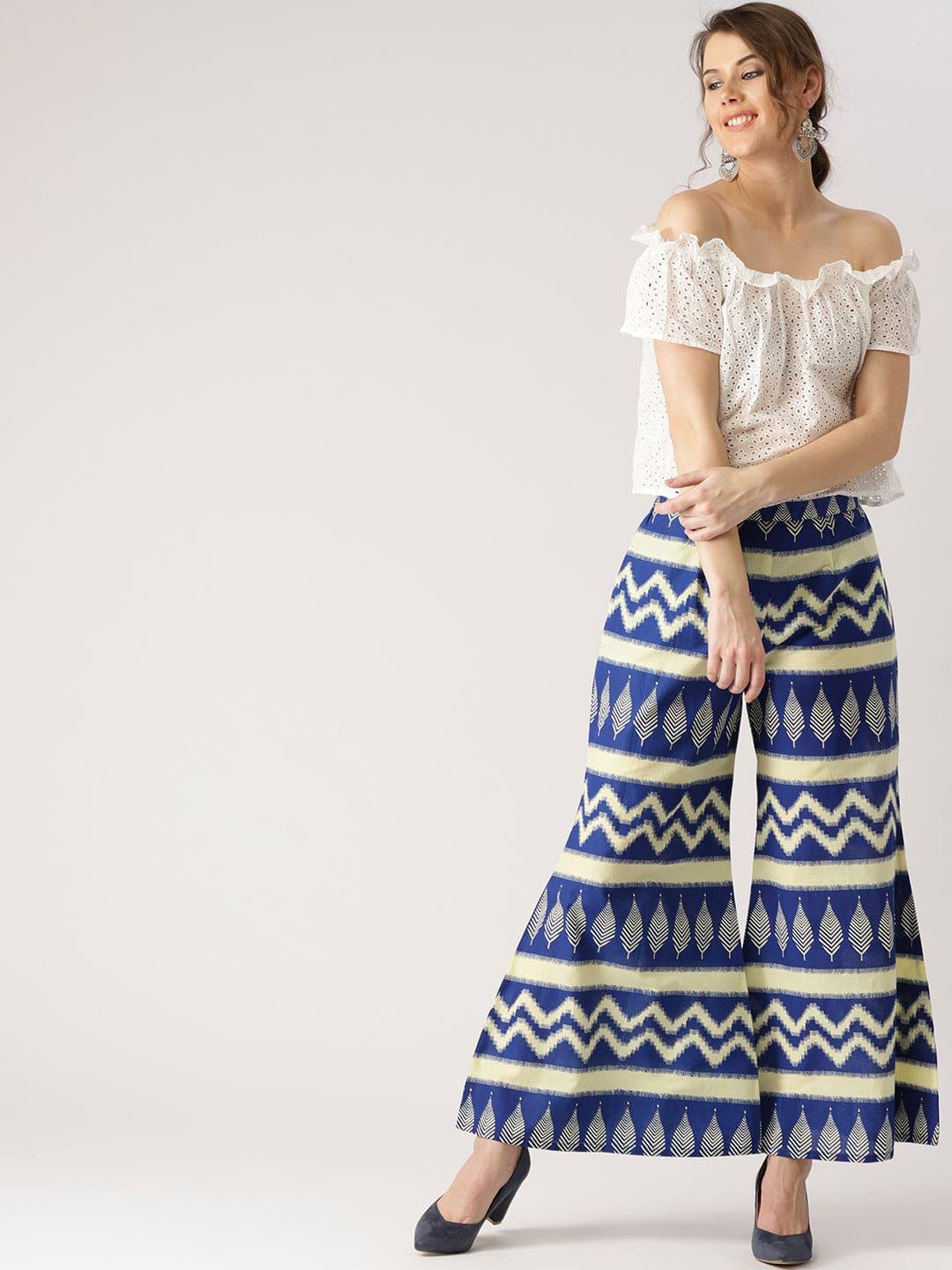 Blue Abstract Cotton Palazzos - ShopLibas