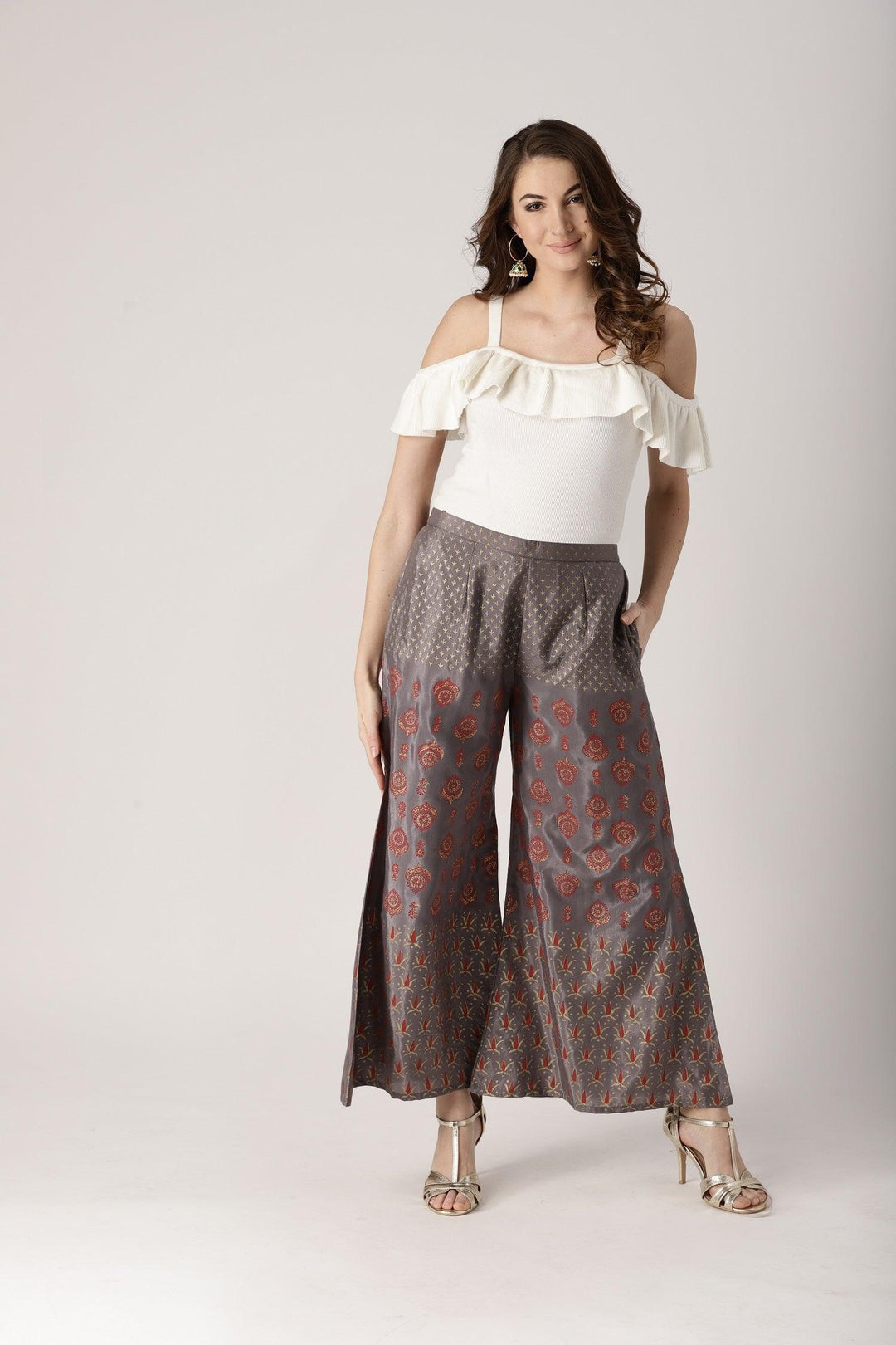 Grey Printed Polyester Palazzos - ShopLibas