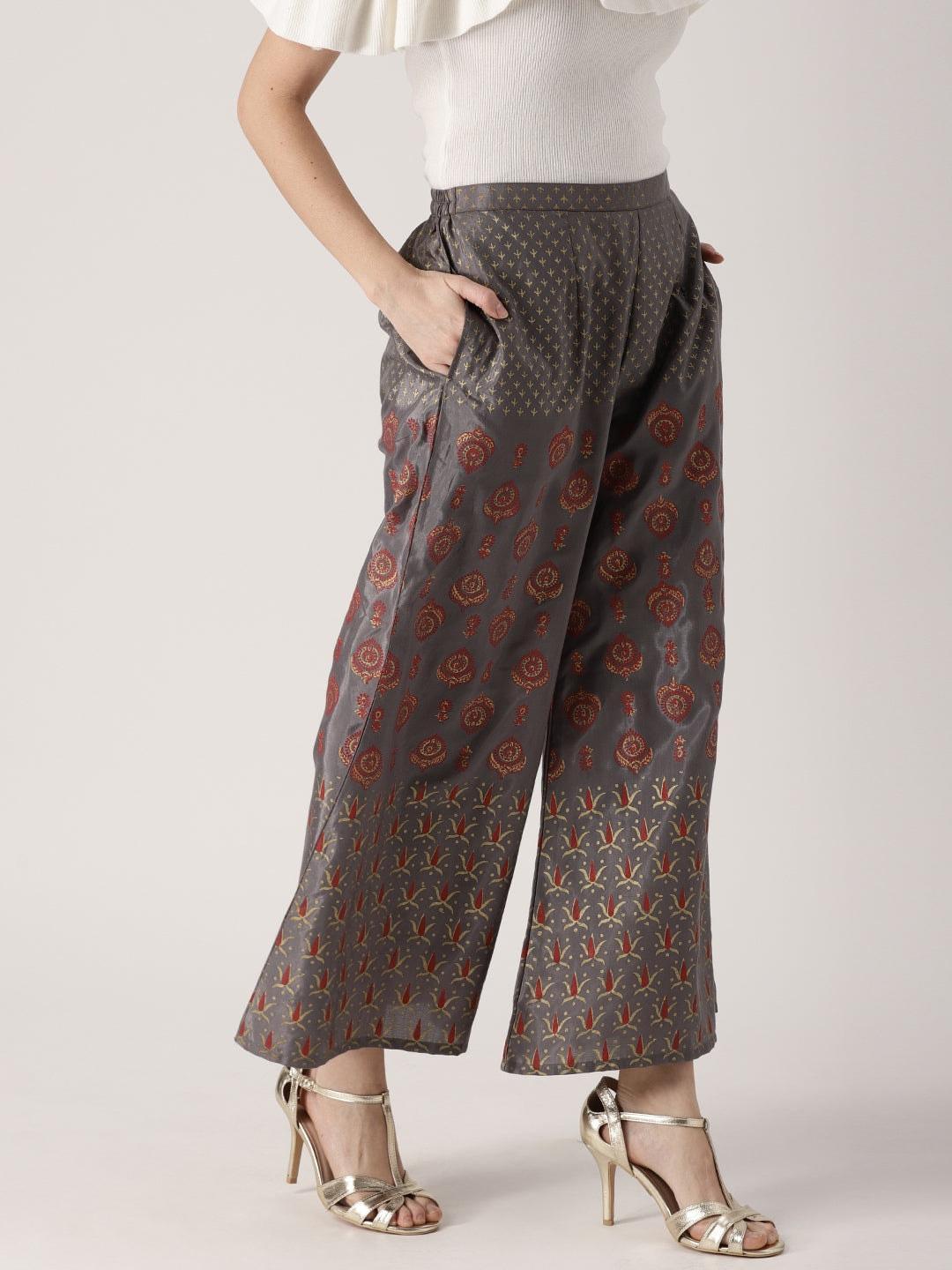 Grey Printed Polyester Palazzos - ShopLibas