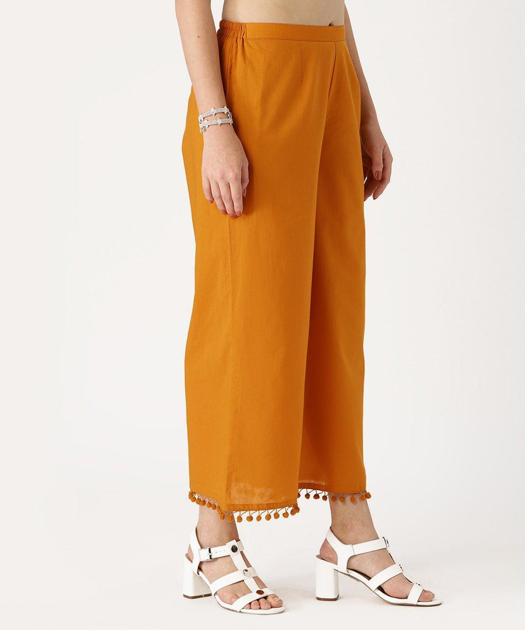 Yellow Solid Cotton Palazzos - ShopLibas