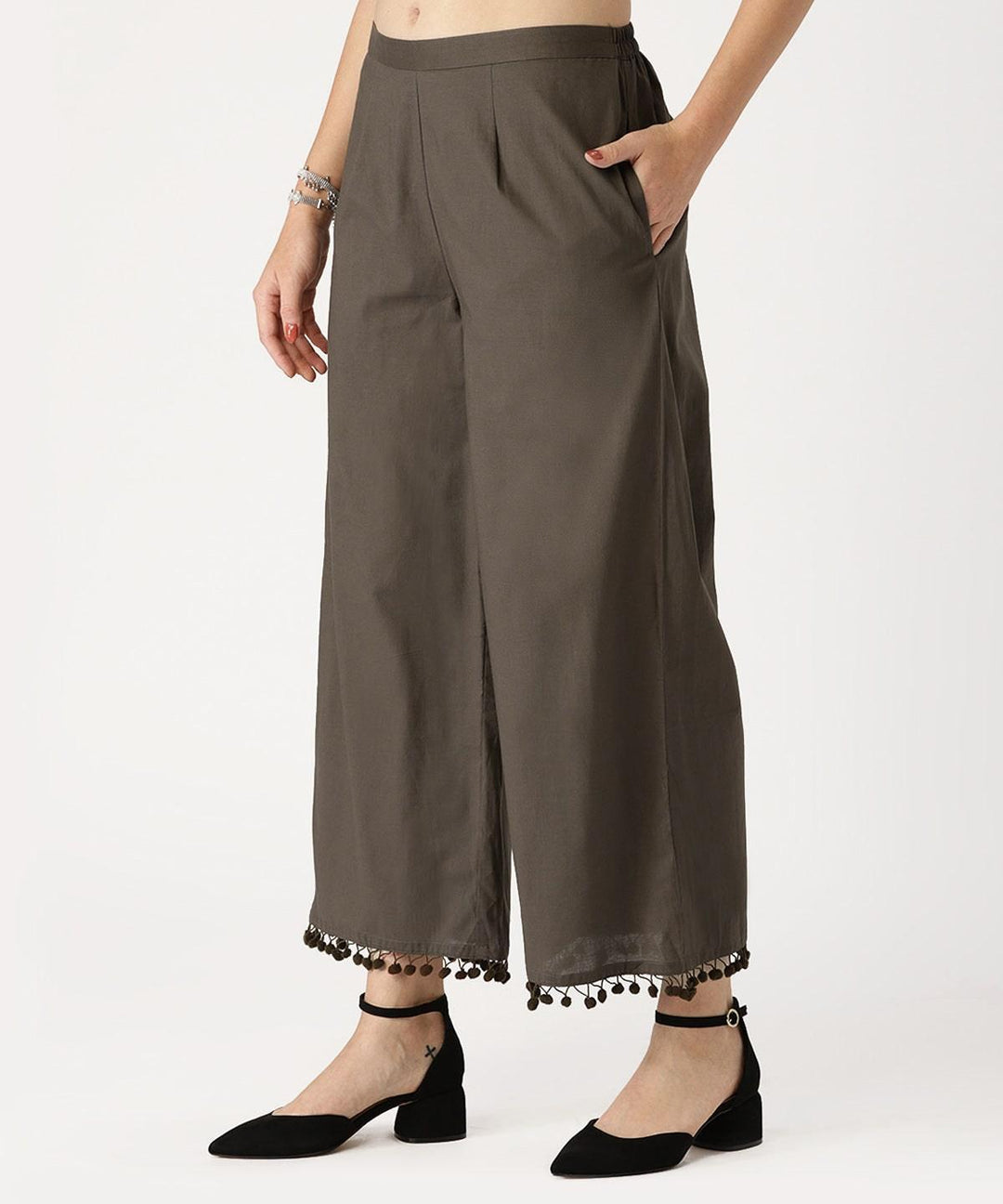 Grey Solid Cotton Palazzos - ShopLibas