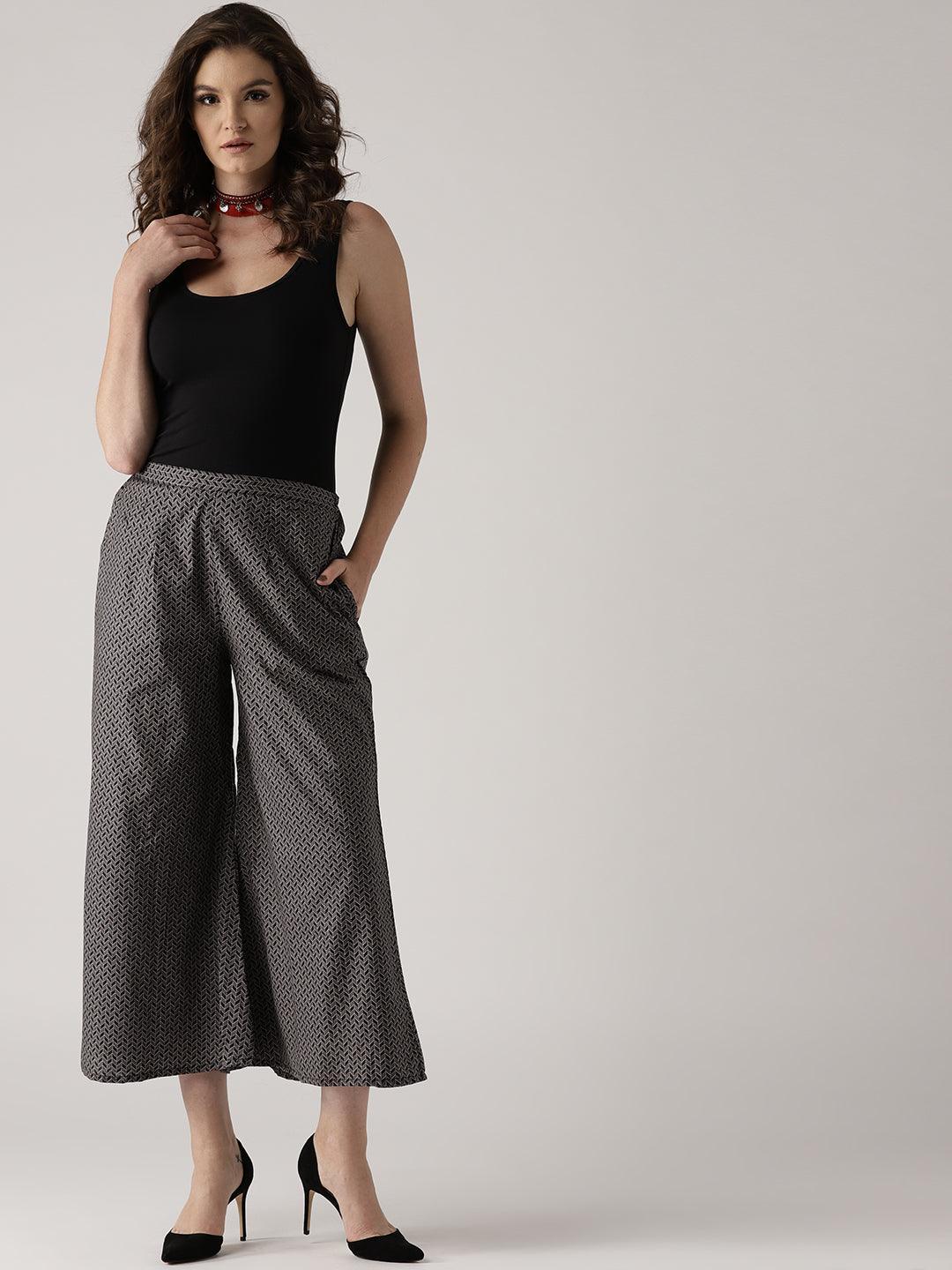 Grey Printed Cotton Palazzos - ShopLibas