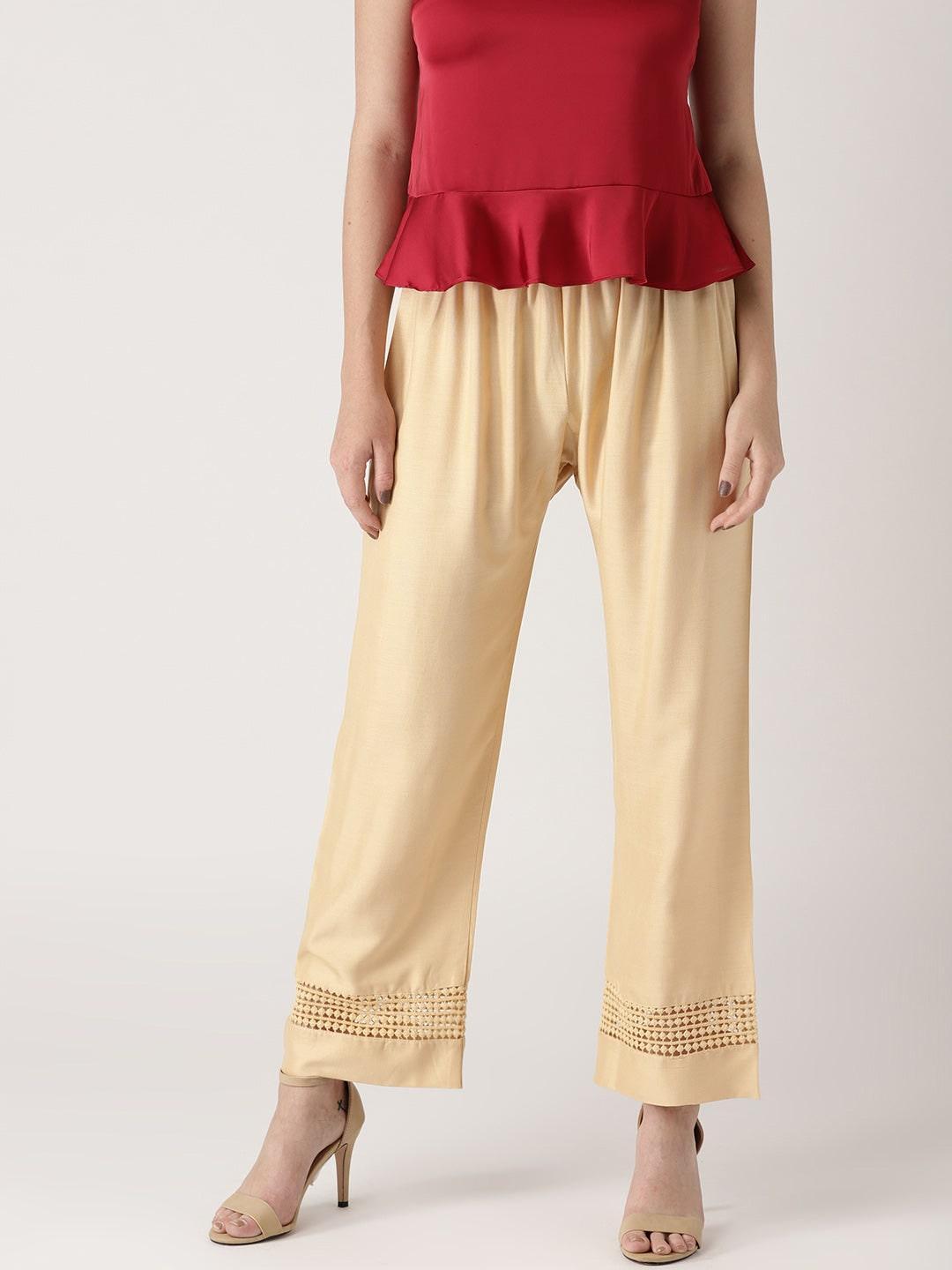 Beige Solid Rayon Palazzos - ShopLibas