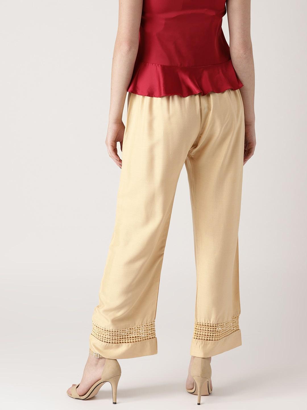 Beige Solid Rayon Palazzos - ShopLibas