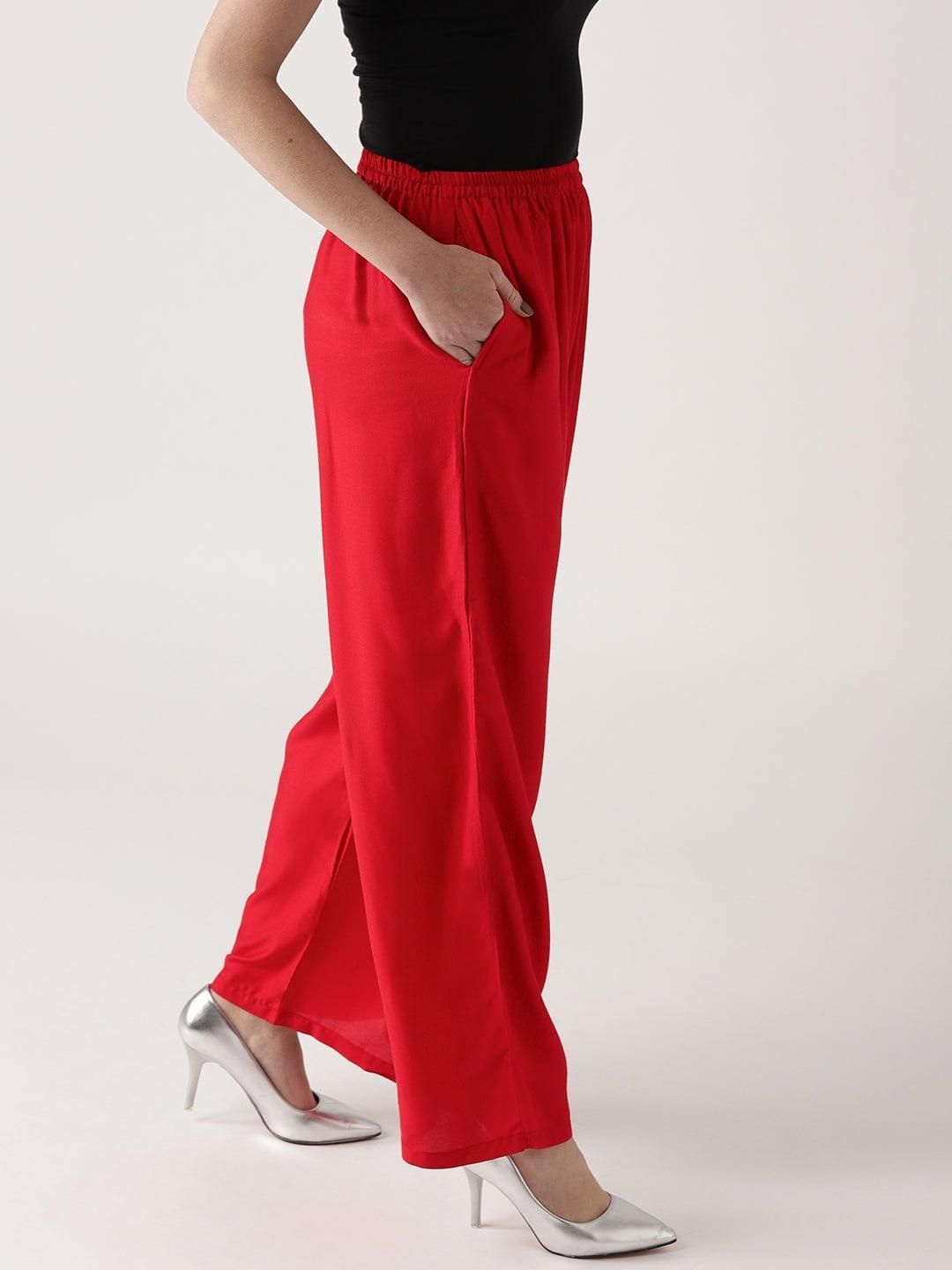 Red Solid Rayon Palazzos - ShopLibas