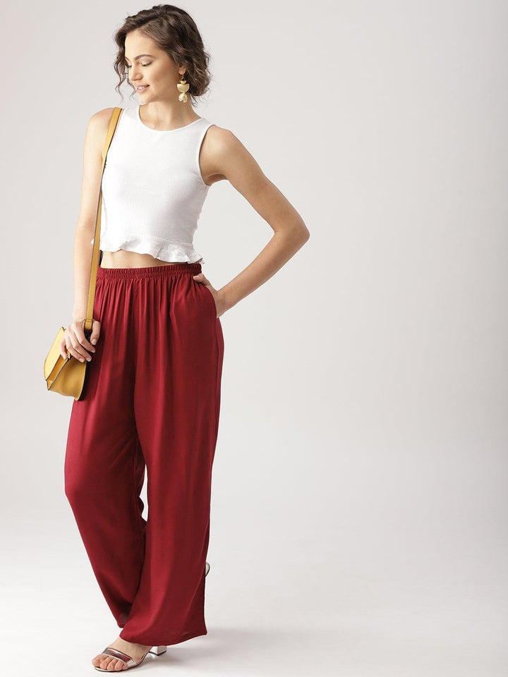Maroon Solid Rayon Palazzos