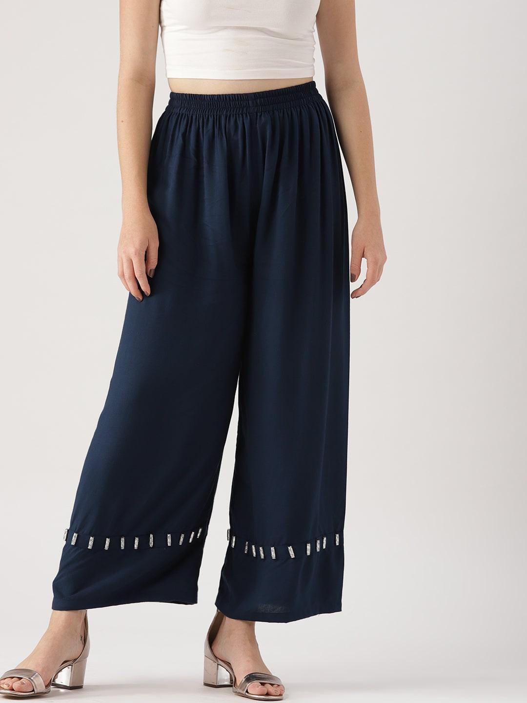 Blue Solid Rayon Palazzos - ShopLibas