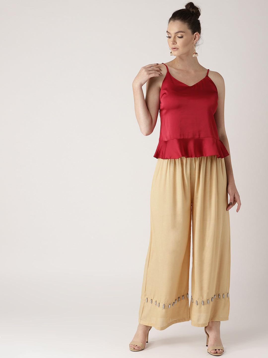 Beige Solid Rayon Palazzos - ShopLibas