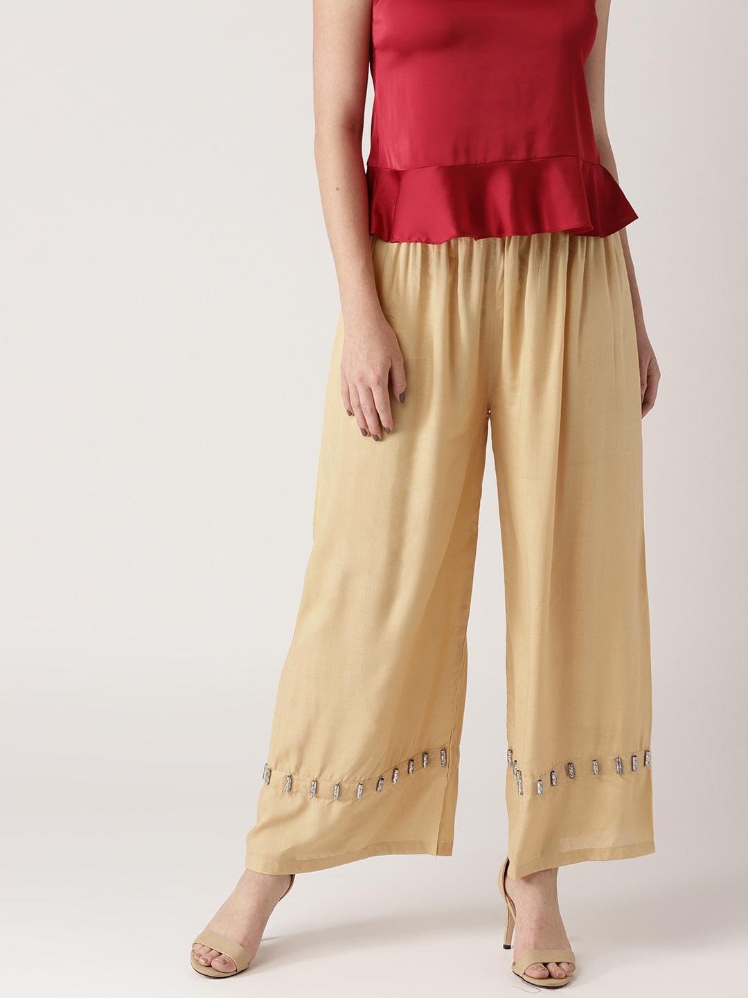 Beige Solid Rayon Palazzos - ShopLibas