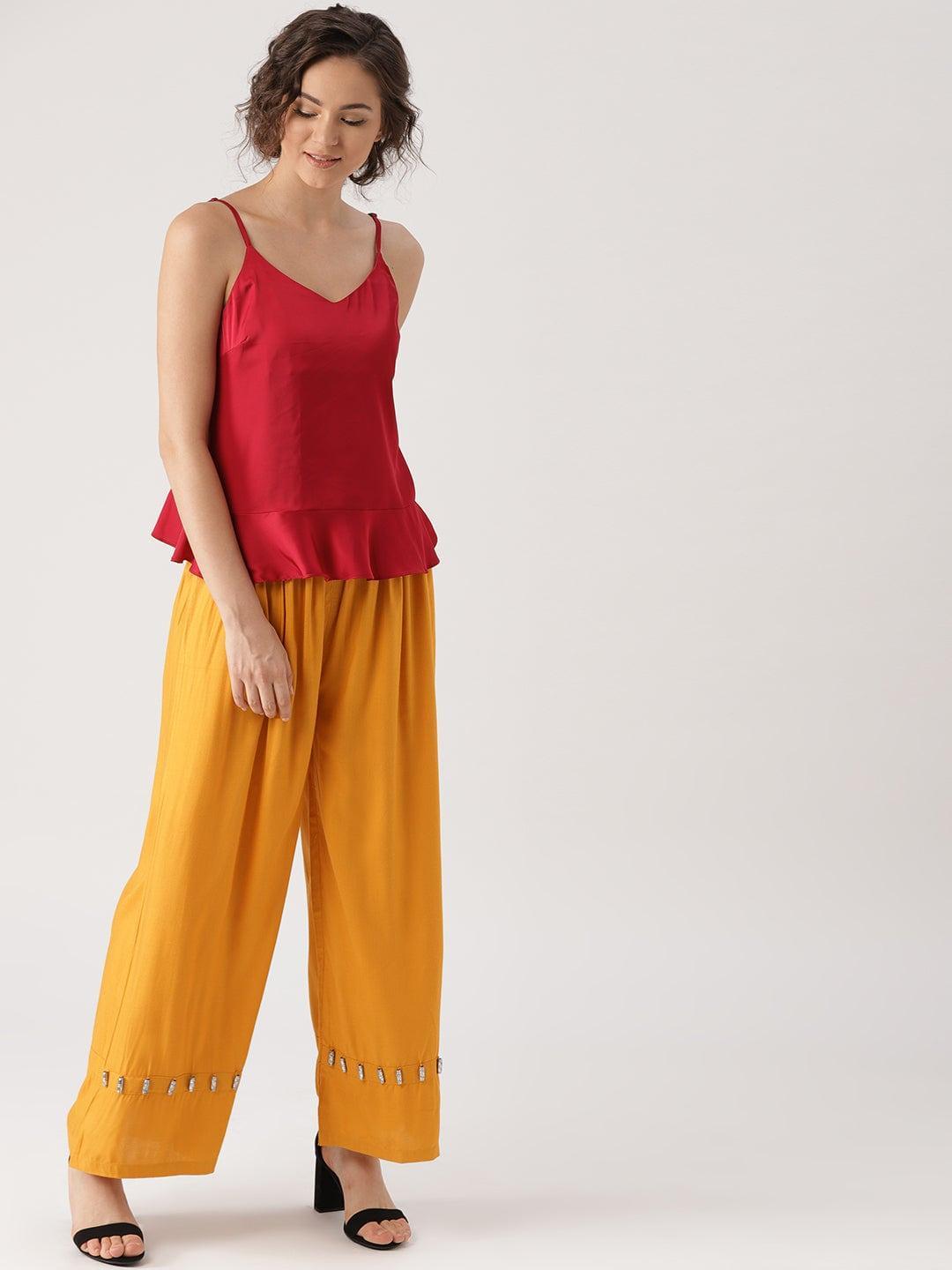 Yellow Solid Rayon Palazzos - ShopLibas