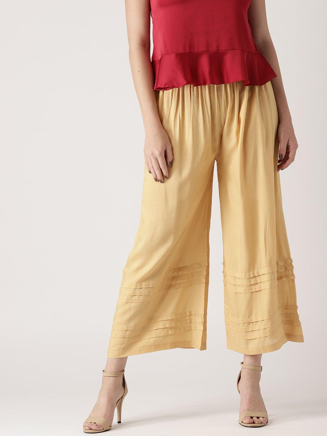Beige Solid Rayon Palazzos - ShopLibas