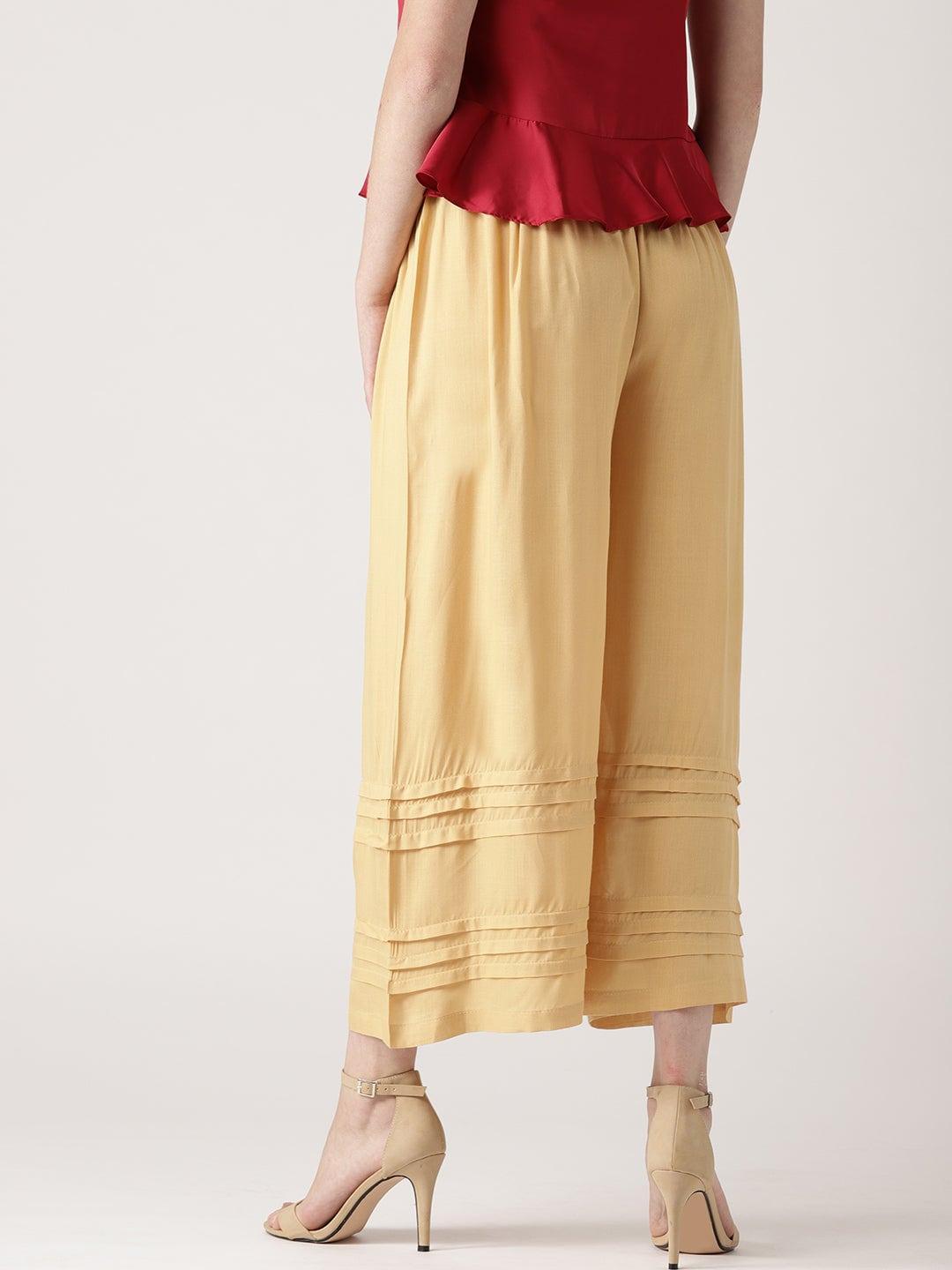 Beige Solid Rayon Palazzos - ShopLibas