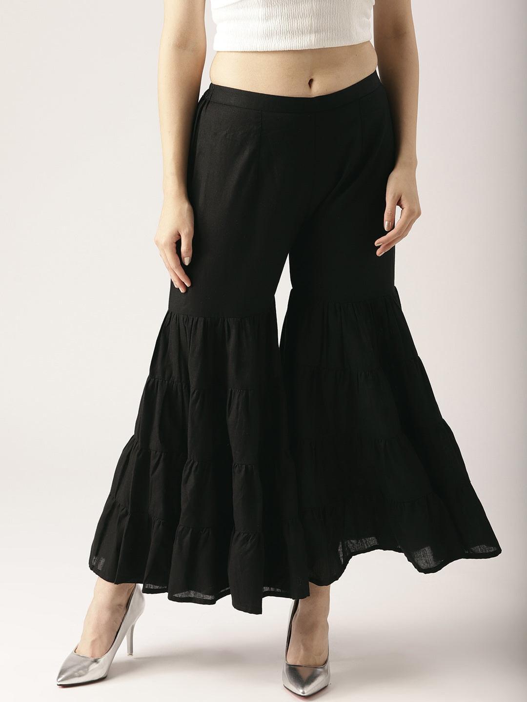 Black Solid Cotton Sharara Pants - ShopLibas
