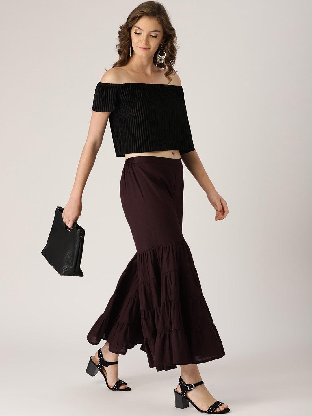 Brown Solid Cotton Sharara Pants - ShopLibas