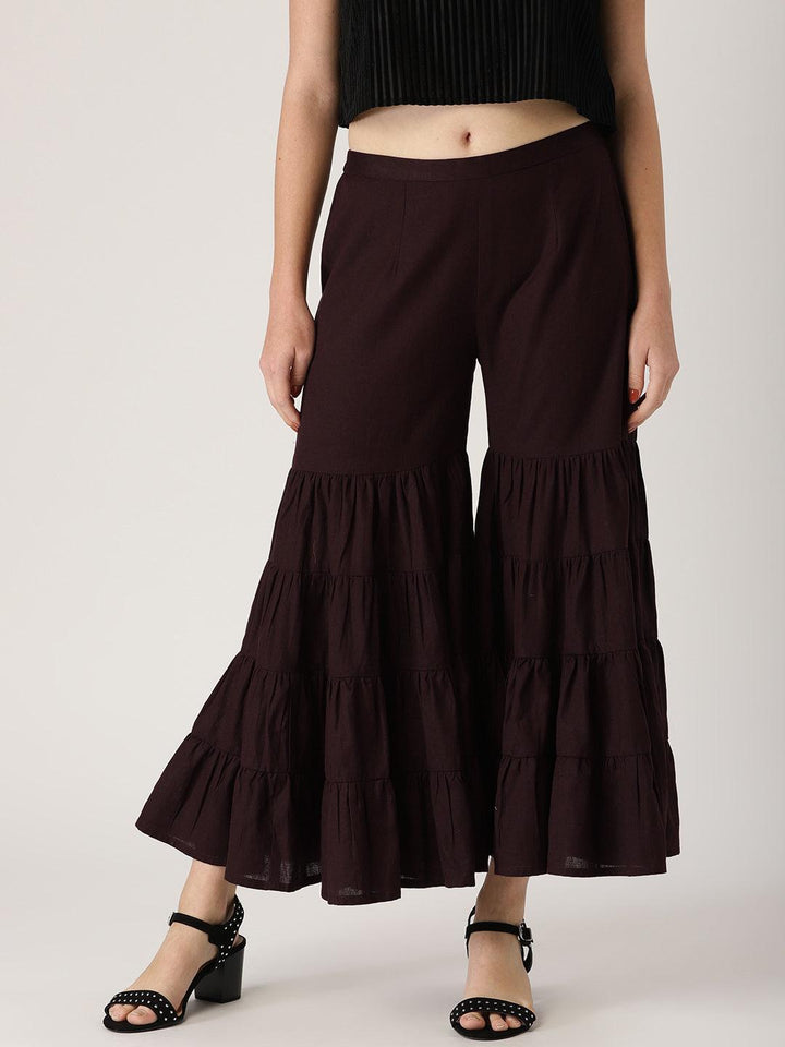 Brown Solid Cotton Sharara Pants
