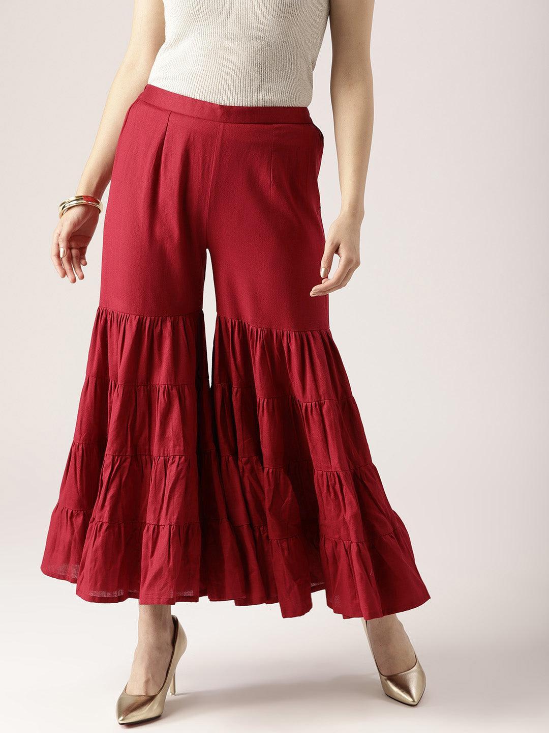 Maroon Solid Cotton Palazzos - ShopLibas