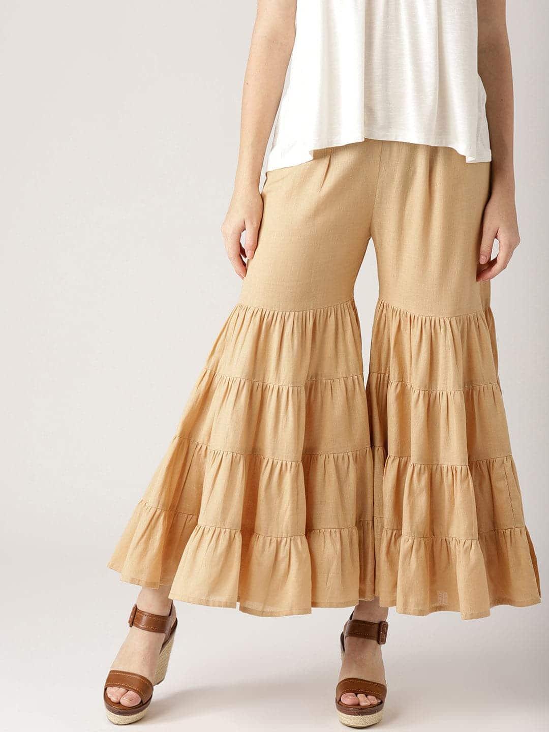 Beige Solid Cotton Palazzos - ShopLibas