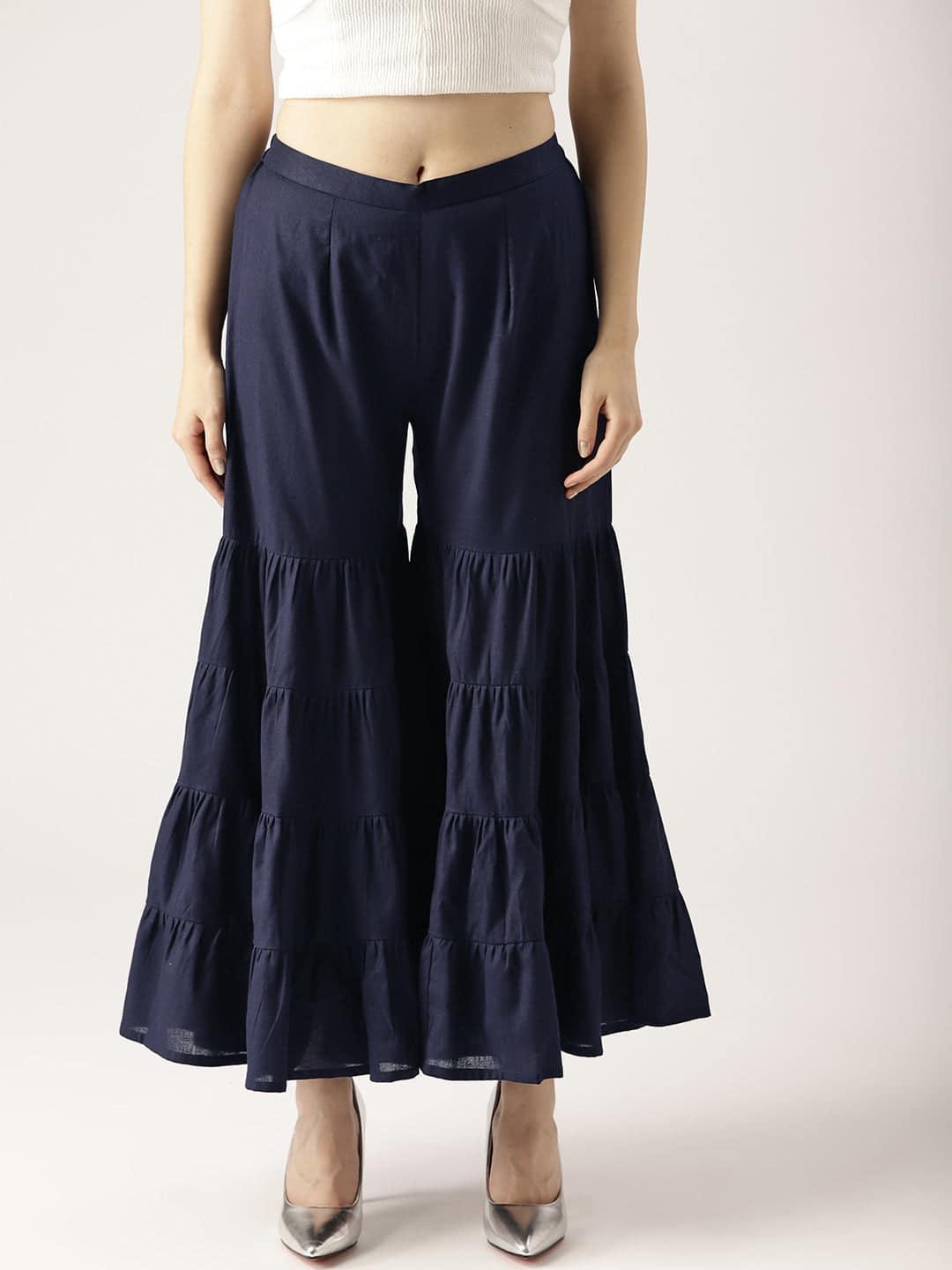 Blue Solid Cotton Sharara Pants - ShopLibas