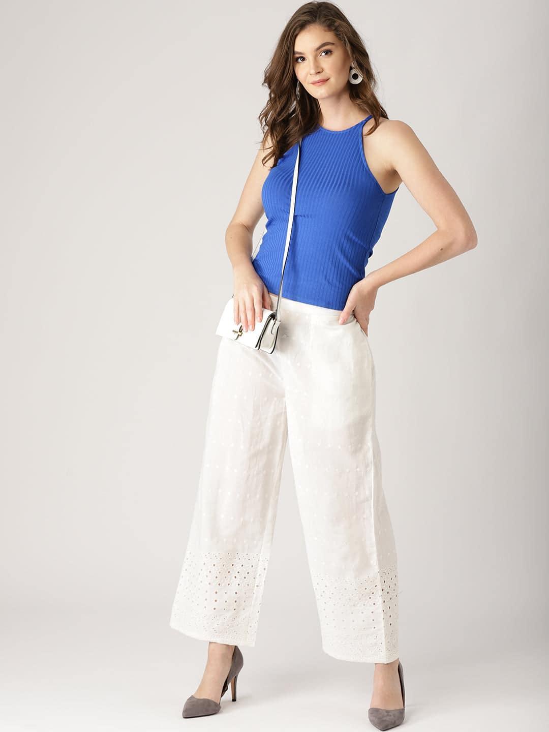 White Solid Cotton Palazzos - ShopLibas