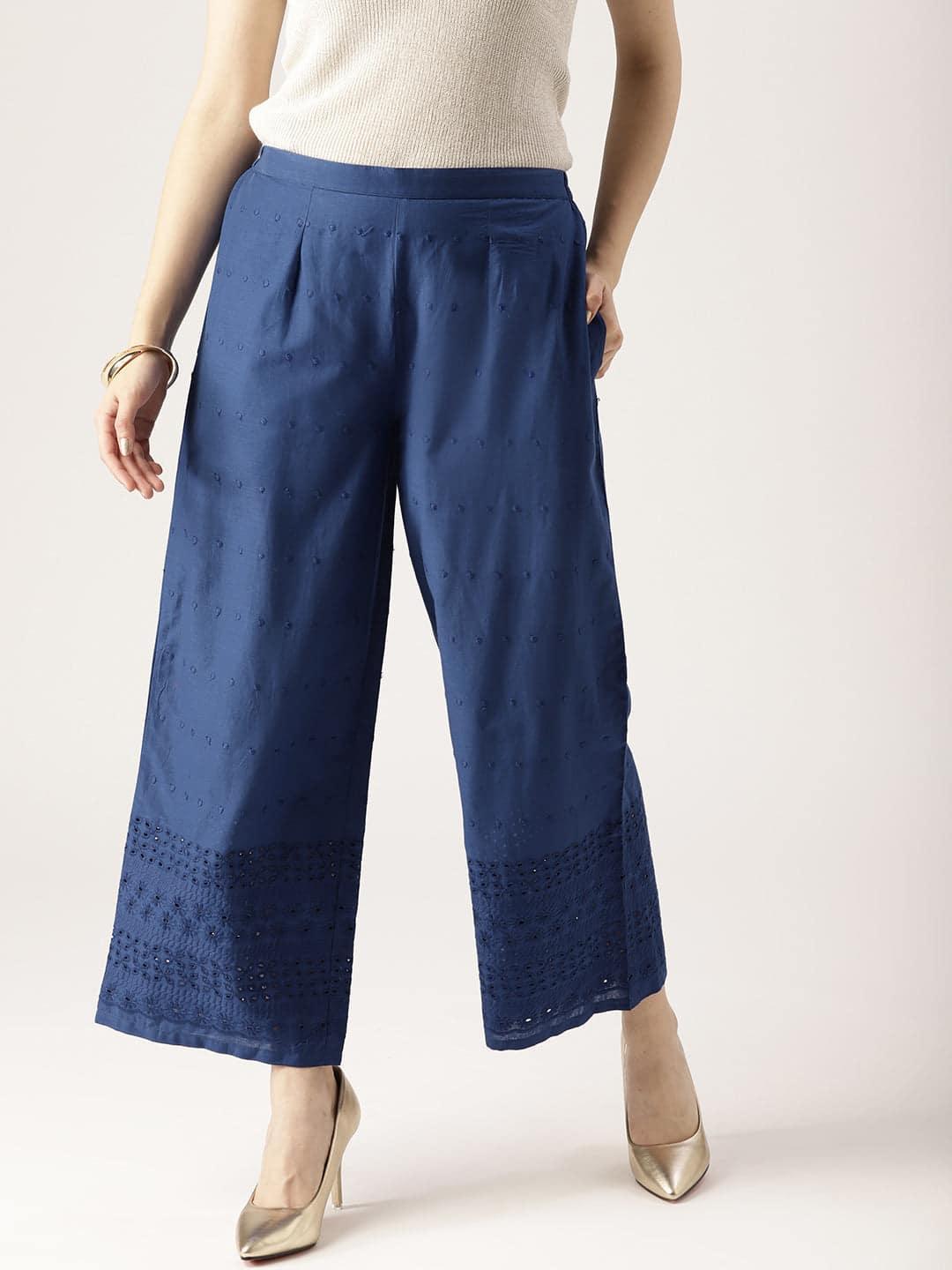Blue Solid Cotton Palazzos - ShopLibas